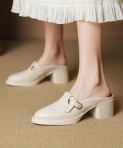 New Pink Splicing Chunky Heel Cowhide Leather Slide Sandals