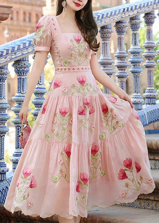 New Pink Square Collar Embroidered Cotton Long Dress Summer