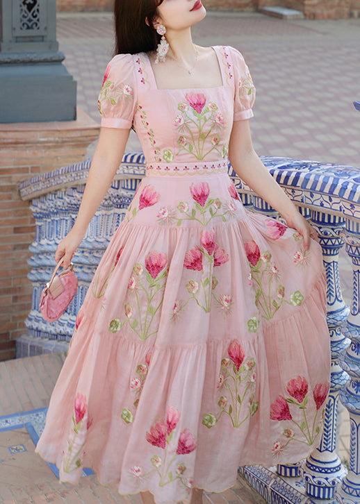 New Pink Square Collar Embroidered Cotton Long Dress Summer
