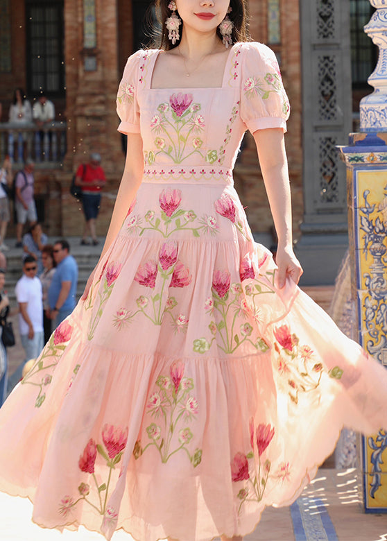 New Pink Square Collar Embroidered Cotton Long Dress Summer