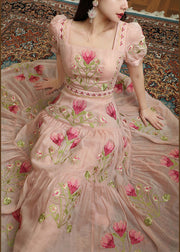 New Pink Square Collar Embroidered Cotton Long Dress Summer