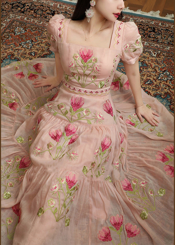 New Pink Square Collar Embroidered Cotton Long Dress Summer