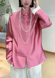 New Pink Stand Collar Button Patchwork Silk Coats Spring