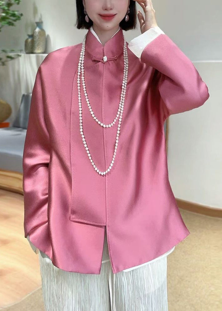 New Pink Stand Collar Button Patchwork Silk Coats Spring