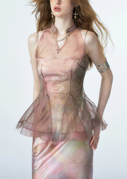 New Pink Stand Collar High Waist Tulle Top Sleeveless