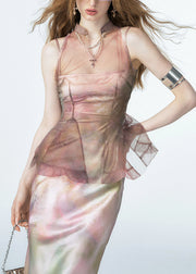 New Pink Stand Collar High Waist Tulle Top Sleeveless