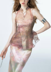 New Pink Stand Collar High Waist Tulle Top Sleeveless