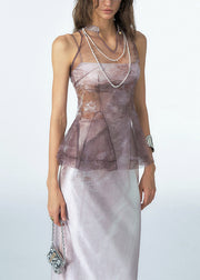 New Pink Stand Collar High Waist Tulle Top Sleeveless