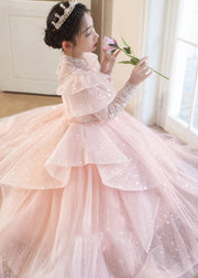 New Pink Stand Collar Tulle Kids Long Dresses Spring