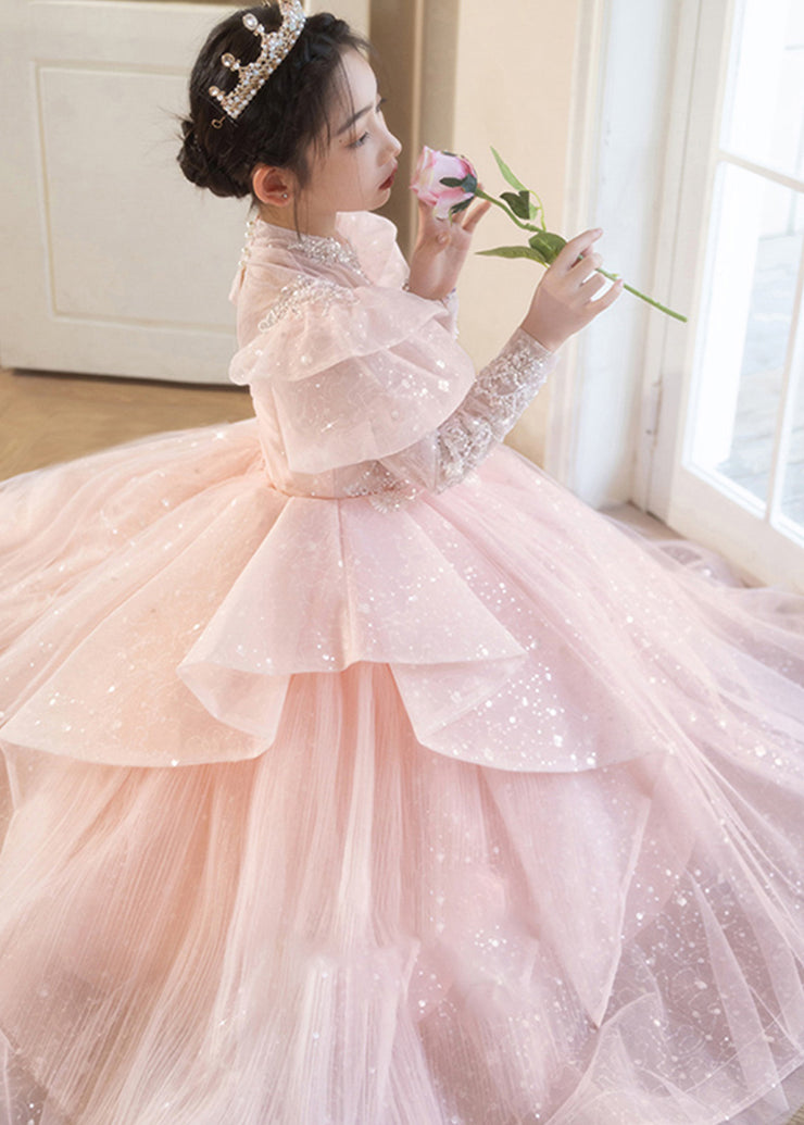 New Pink Stand Collar Tulle Kids Long Dresses Spring