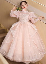 New Pink Stand Collar Tulle Kids Long Dresses Spring