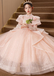 New Pink Stand Collar Tulle Kids Long Dresses Spring