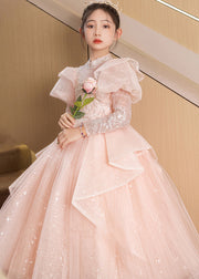 New Pink Stand Collar Tulle Kids Long Dresses Spring