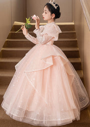 New Pink Stand Collar Tulle Kids Long Dresses Spring