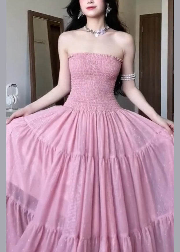 New Pink Strapless Solid Cotton Long Dress Sleeveless