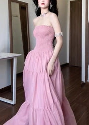 New Pink Strapless Solid Cotton Long Dress Sleeveless