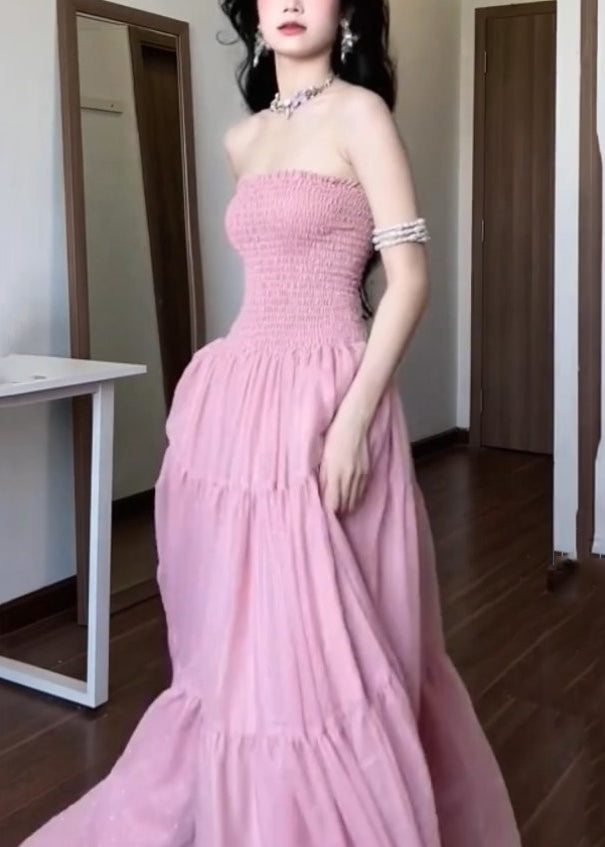 New Pink Strapless Solid Cotton Long Dress Sleeveless