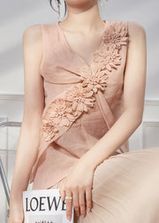 New Pink V Neck Floral Linen Shirt Tops Sleeveless