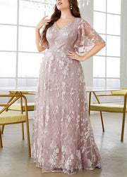 New Pink V Neck High Waist Lace Party Dress Flare Sleeve