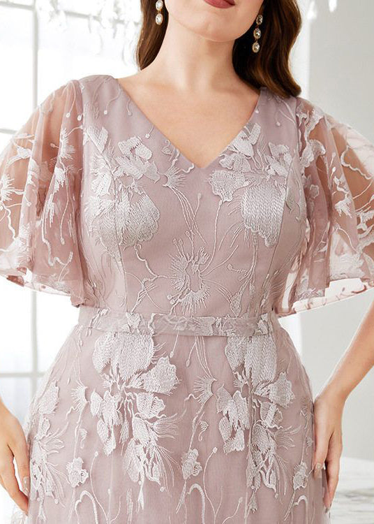 New Pink V Neck High Waist Lace Party Dress Flare Sleeve