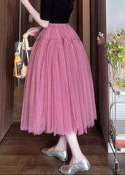 New Pink Wrinkled Solid Tulle Skirt Summer