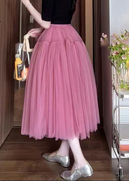 New Pink Wrinkled Solid Tulle Skirt Summer