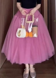 New Pink Wrinkled Solid Tulle Skirt Summer