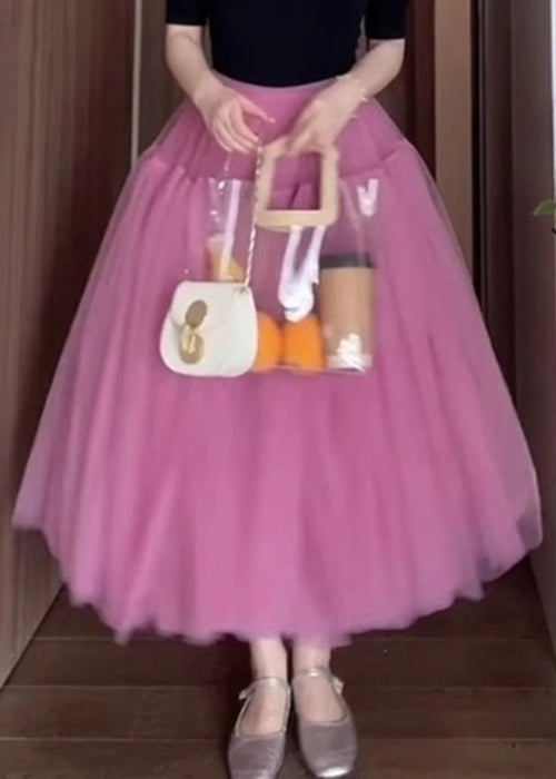 New Pink Wrinkled Solid Tulle Skirt Summer
