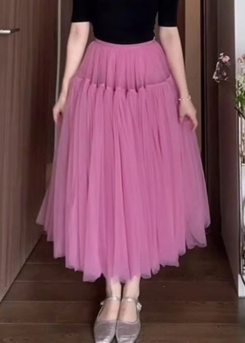 New Pink Wrinkled Solid Tulle Skirt Summer