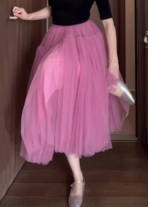 New Pink Wrinkled Solid Tulle Skirt Summer