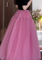 New Pink Wrinkled Solid Tulle Skirt Summer