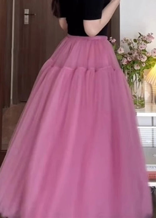 New Pink Wrinkled Solid Tulle Skirt Summer