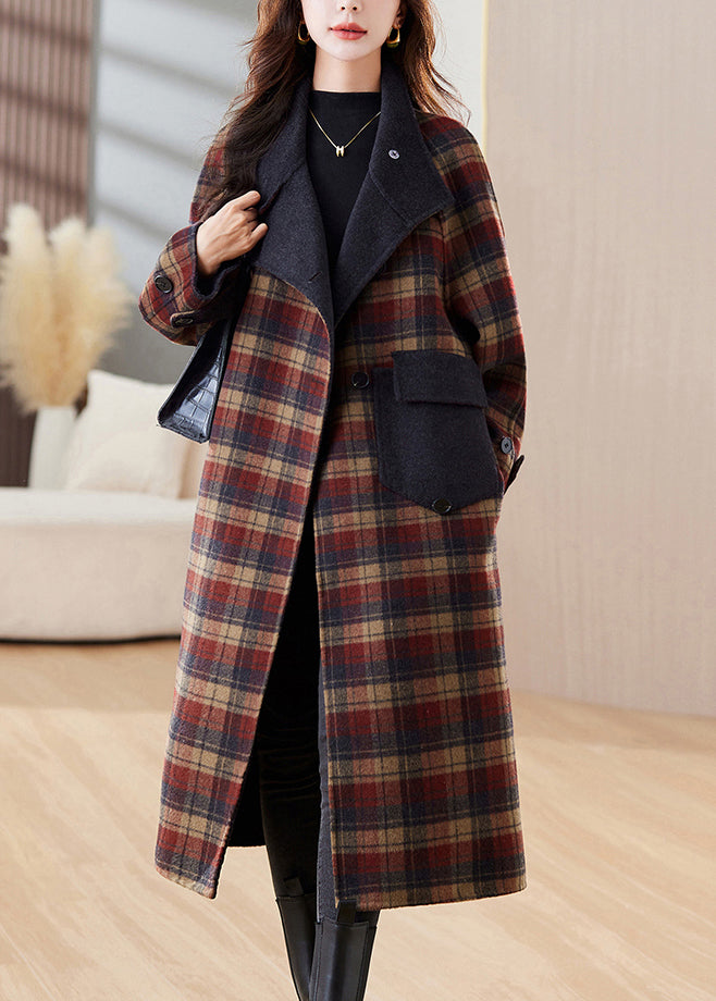 New Plaid Button Pockets Patchwork Cashmere Long Coats Winter