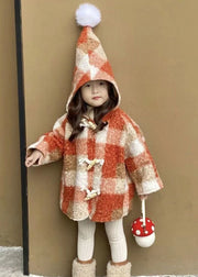 New Plaid Hooded Button Woolen Girls Coat Long Sleeve