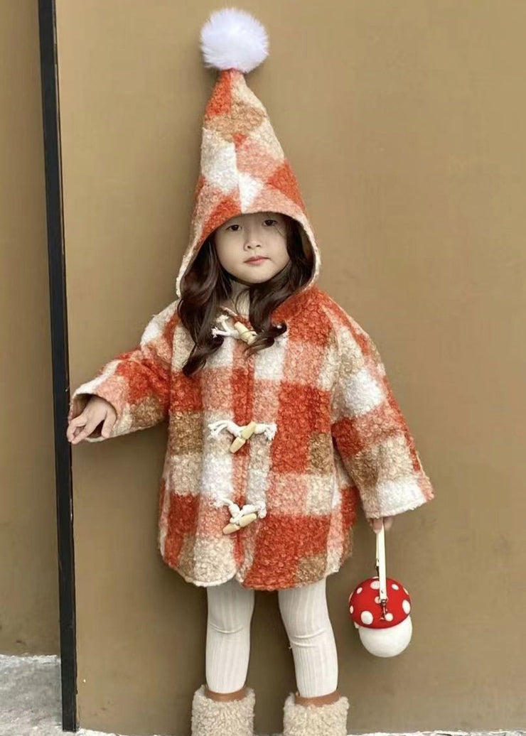 New Plaid Hooded Button Woolen Girls Coat Long Sleeve