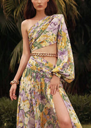 New Print One Shoulder Chain Linked Side Open Chiffon Long Dress Summer