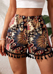 New Print Tasseled Elastic Waist Cotton Shorts Summer
