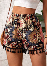 New Print Tasseled Elastic Waist Cotton Shorts Summer
