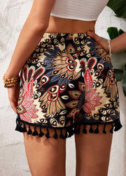 New Print Tasseled Elastic Waist Cotton Shorts Summer