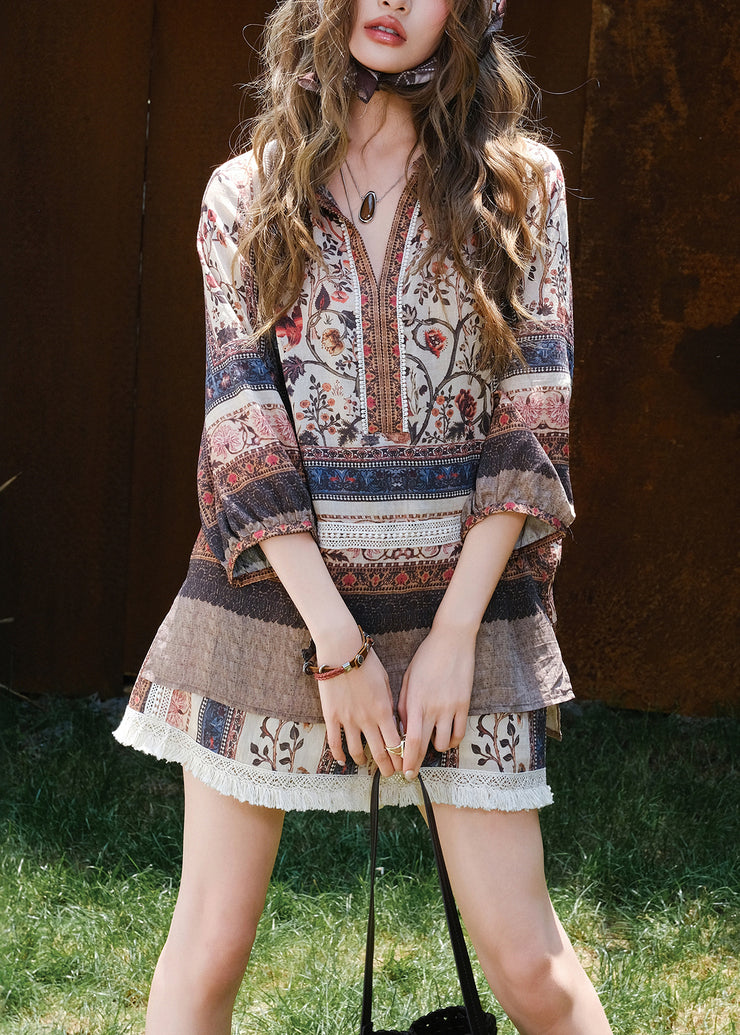 New Print Tops And Shorts Patchwork Cotton Two Pieces Set Bracelet Sleeve