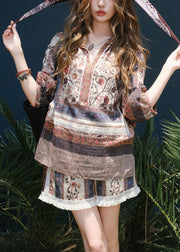New Print Tops And Shorts Patchwork Cotton Two Pieces Set Bracelet Sleeve