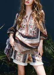 New Print Tops And Shorts Patchwork Cotton Two Pieces Set Bracelet Sleeve