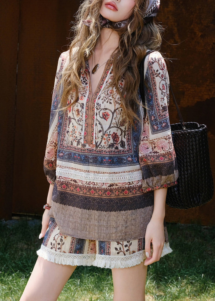 New Print Tops And Shorts Patchwork Cotton Two Pieces Set Bracelet Sleeve