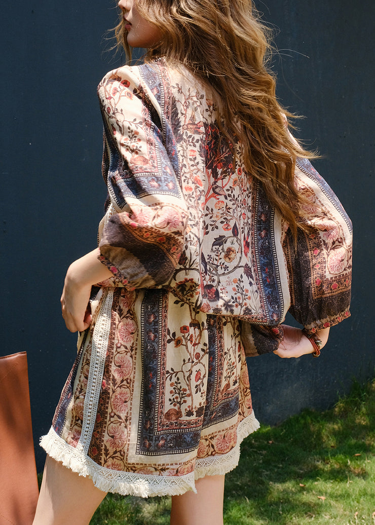 New Print Tops And Shorts Patchwork Cotton Two Pieces Set Bracelet Sleeve