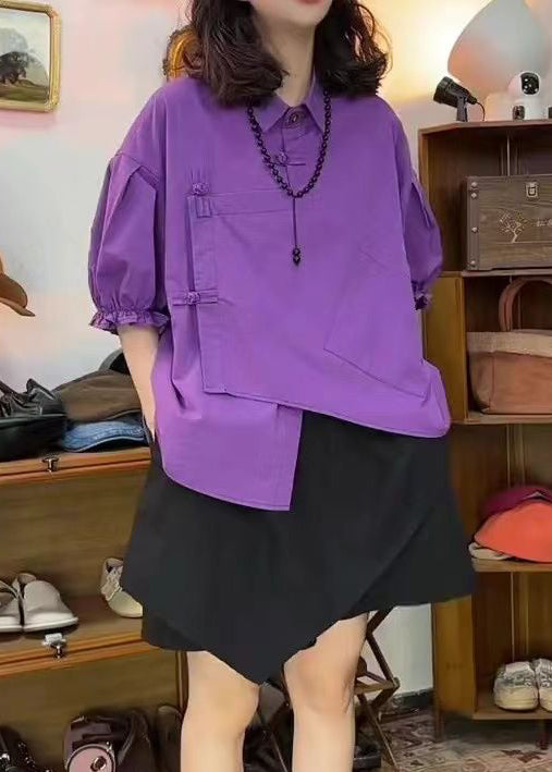 New Purple Asymmetrical Button Pockets Cotton Two Pieces Set Summer
