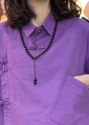 New Purple Asymmetrical Button Pockets Cotton Two Pieces Set Summer