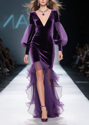 New Purple Asymmetrical Ruffled Patchwork Velvet Dress Fall