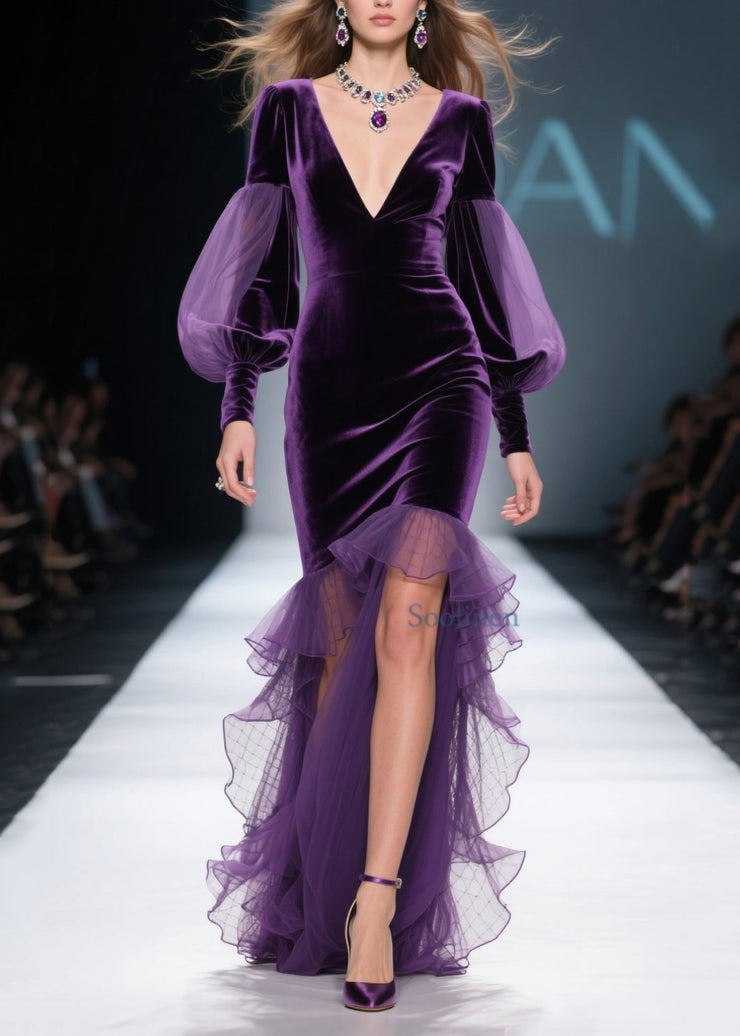 New Purple Asymmetrical Ruffled Patchwork Velvet Dress Fall