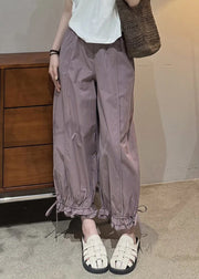 New Purple Cinched Elastic Waist Cotton Crop Pants Trousers Summer