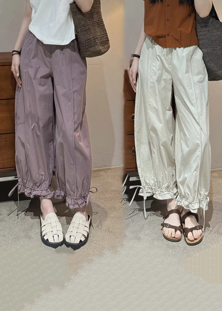 New Purple Cinched Elastic Waist Cotton Crop Pants Trousers Summer
